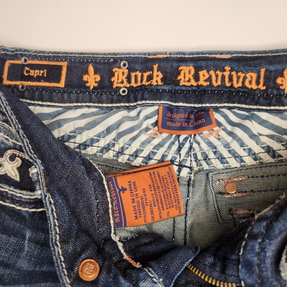 ROCK REVIVAL Noelle Capri Jeans Womens 25 Dark Blue Denim Embellished Rhinestone - Picture 12 of 15